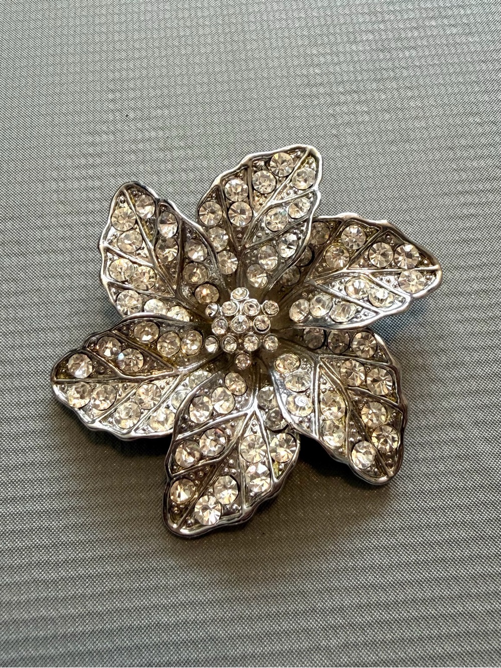Large Vintage Crystal Floral Brooch - Silver Floral Pin